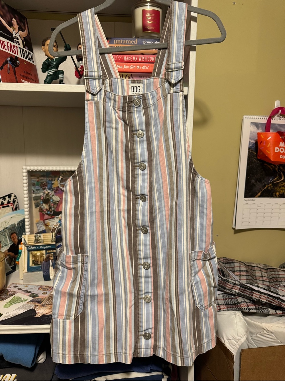 Urban Outfitters Striped Button-Front Overall Dress in Blue, Pink & Brown